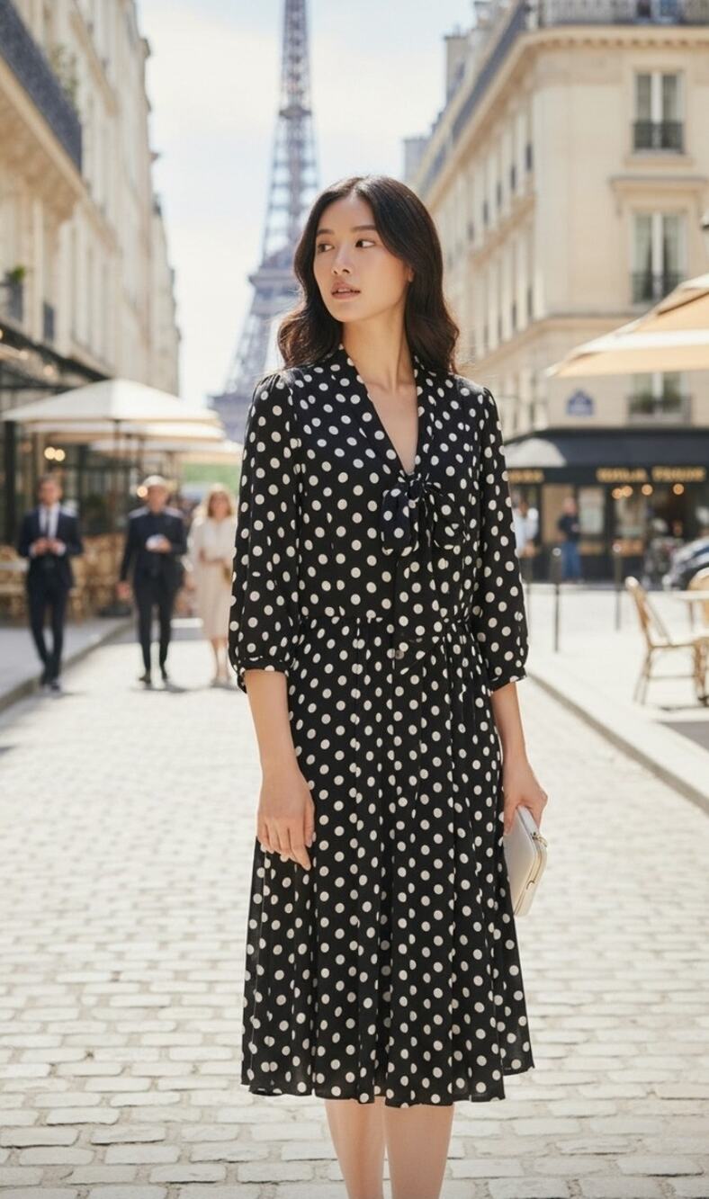 Anne Klein Black & White Polka Dot Tie-Neck Midi Pleated Dress Size 12 Classic